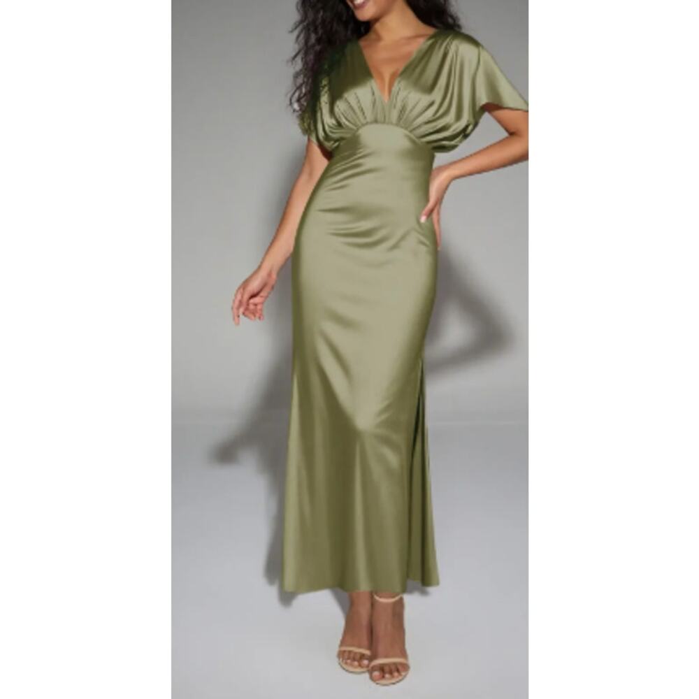 AW BRIDAL SZ 0 XS green fennel seed satin Valeria formal party maxi dress b71
